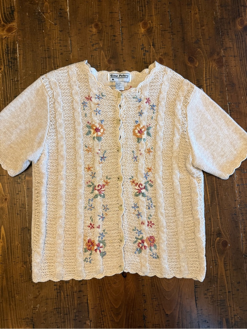 Vintage Gina Peters Cardigan Sz M Cream Crochet Knit Floral Embroidered Sweater